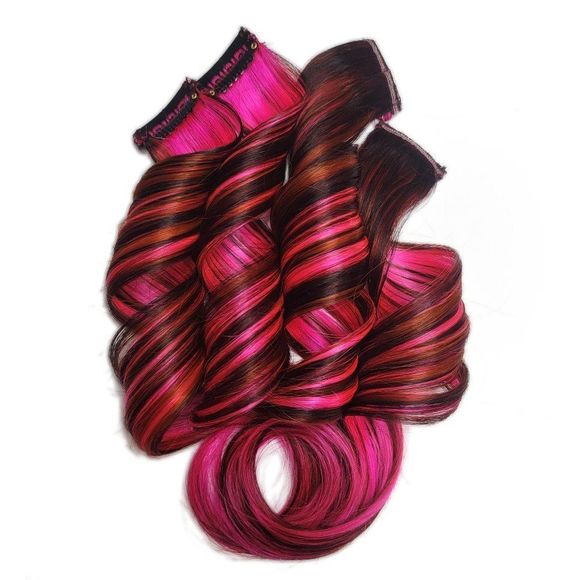 Pink Wine Burgundy Amber Copper Colored Clip in Remy Human Hair Extensions - Picture 2 of 2